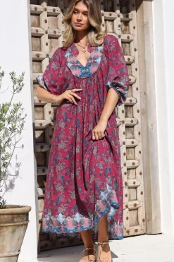 Boheme Midi Dress - Piping Defined Bust Slimline Smock Dress In Strawberry Kiss Print>Jaase Hot