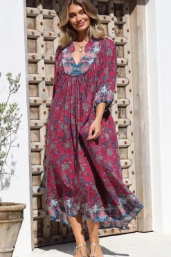 Boheme Midi Dress - Piping Defined Bust Slimline Smock Dress In Strawberry Kiss Print><noscript><img width=