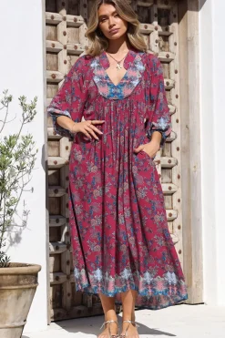 Boheme Midi Dress - Piping Defined Bust Slimline Smock Dress In Strawberry Kiss Print><noscript><img width=