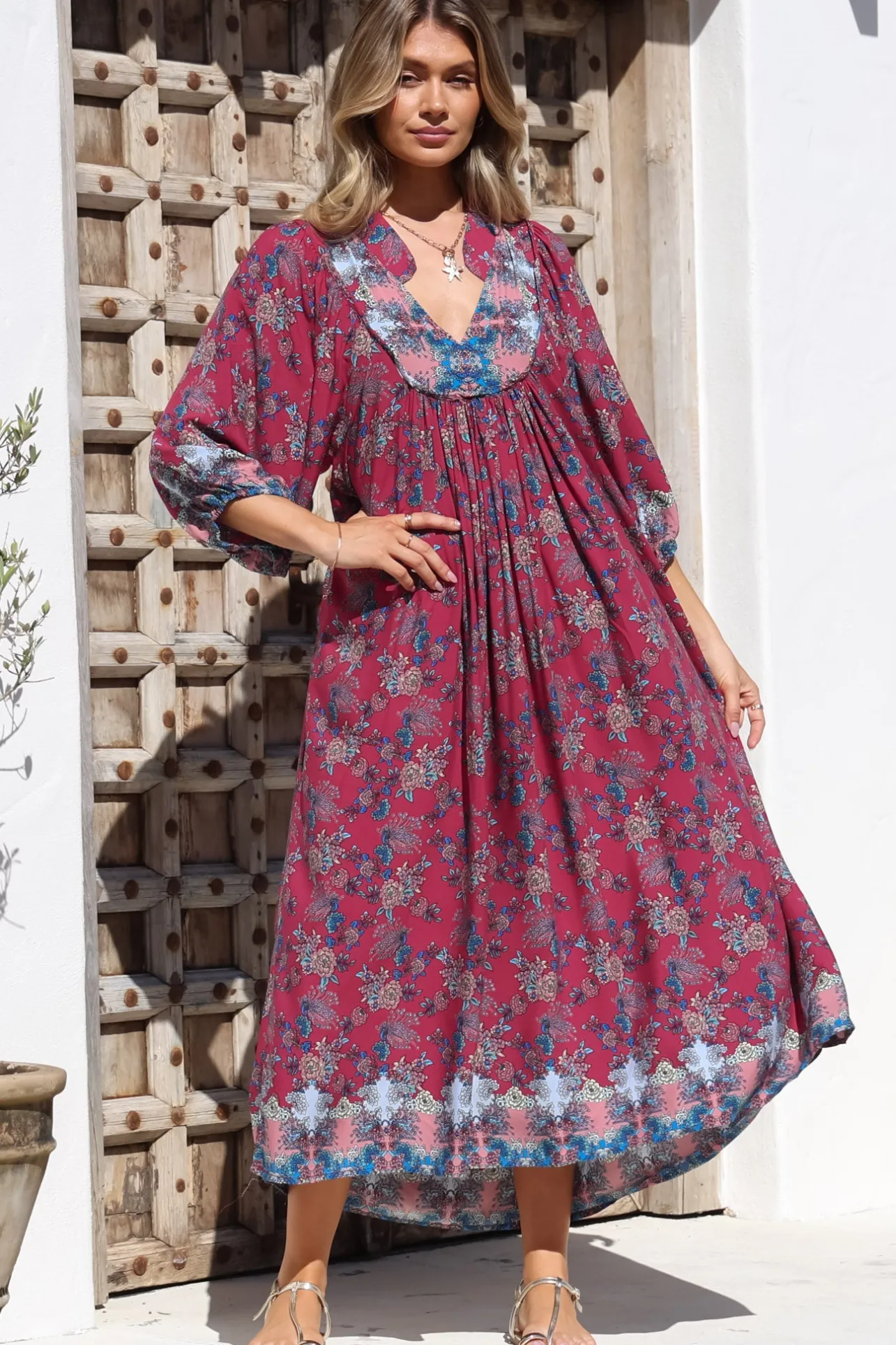 Boheme Midi Dress - Piping Defined Bust Slimline Smock Dress In Strawberry Kiss Print>Jaase Hot