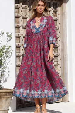 Boheme Midi Dress - Piping Defined Bust Slimline Smock Dress In Strawberry Kiss Print><noscript><img width=