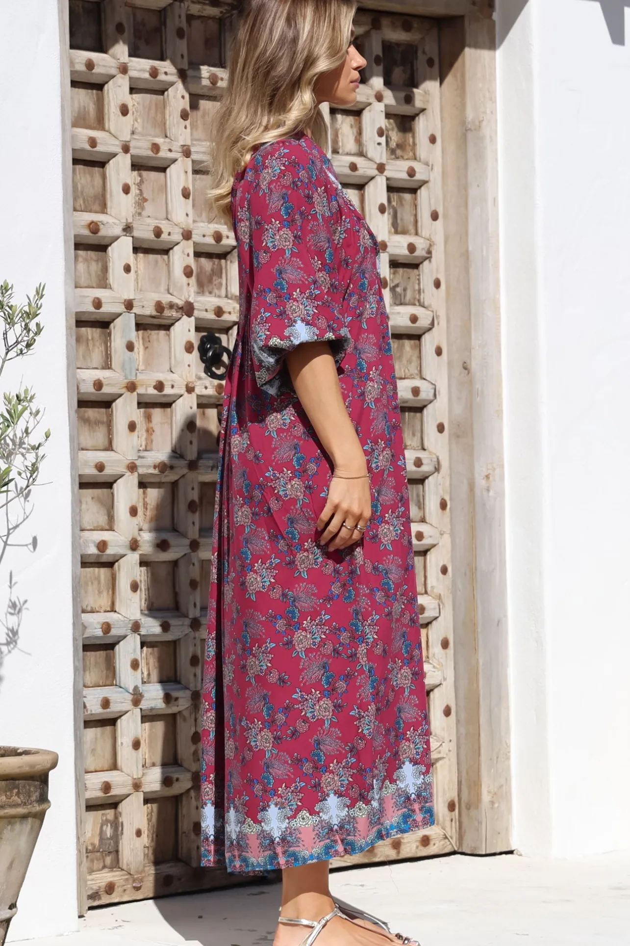 Boheme Midi Dress - Piping Defined Bust Slimline Smock Dress In Strawberry Kiss Print>Jaase Hot