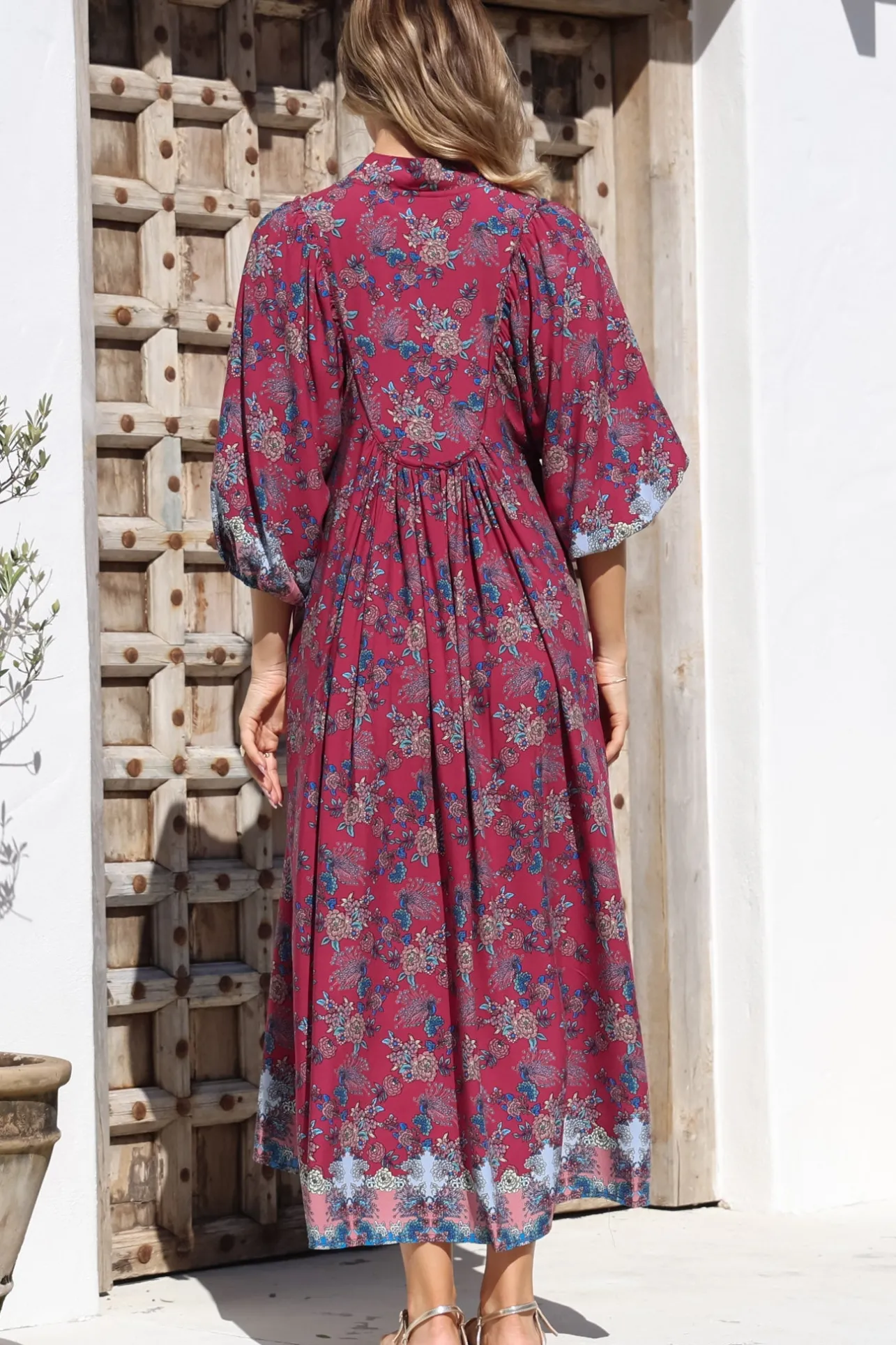 Boheme Midi Dress - Piping Defined Bust Slimline Smock Dress In Strawberry Kiss Print>Jaase Hot
