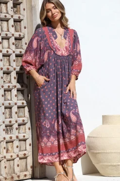 Boheme Midi Dress - Piping Defined Bust Slimline Smock Dress In Dancing Daisy Print>Jaase Discount