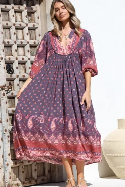 Boheme Midi Dress - Piping Defined Bust Slimline Smock Dress In Dancing Daisy Print><noscript><img width=