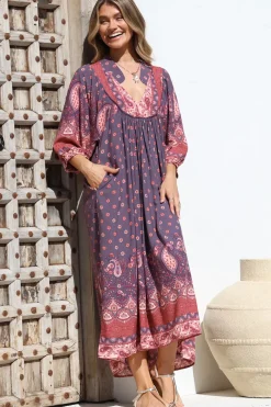 Boheme Midi Dress - Piping Defined Bust Slimline Smock Dress In Dancing Daisy Print><noscript><img width=