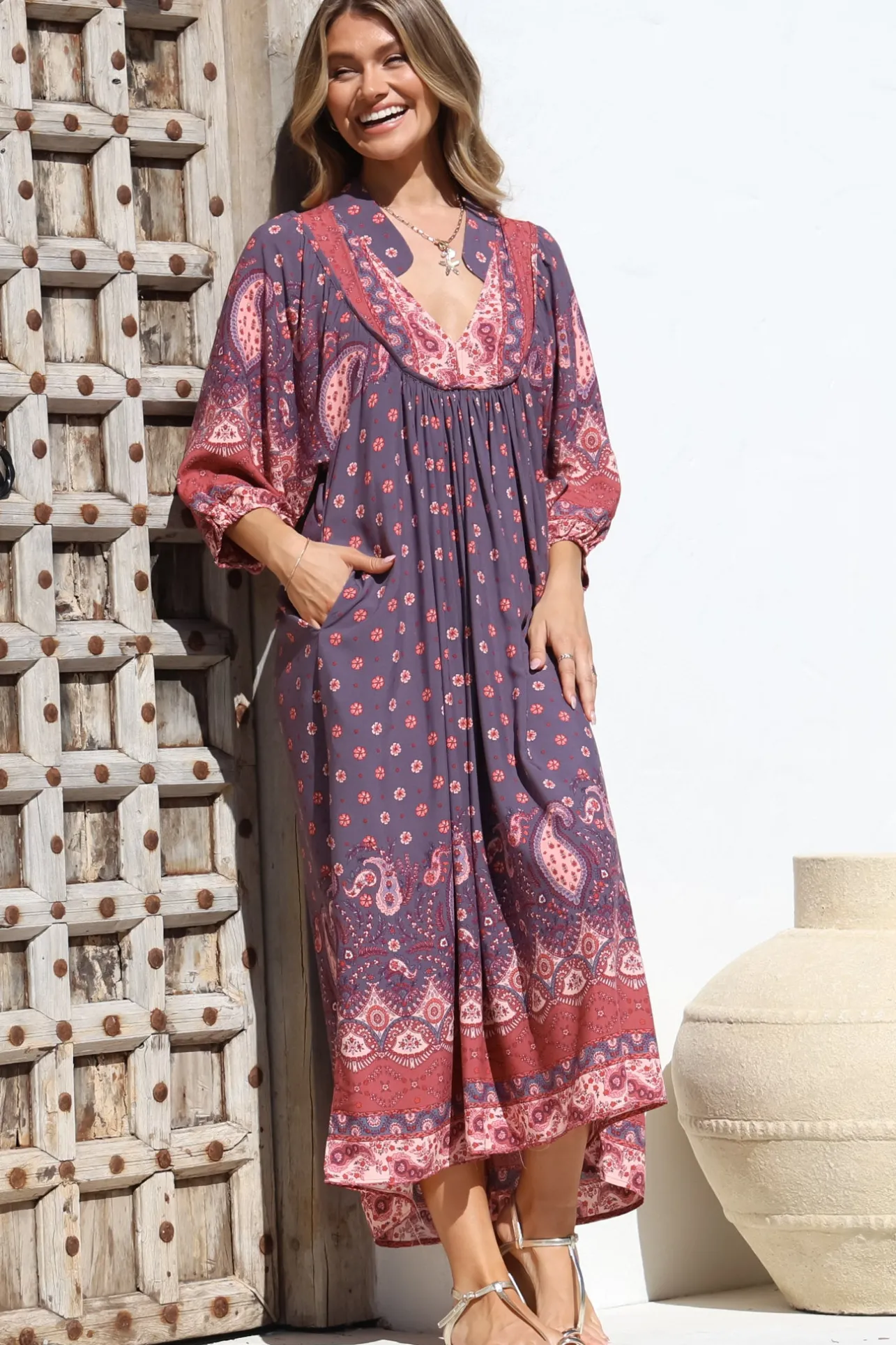 Boheme Midi Dress - Piping Defined Bust Slimline Smock Dress In Dancing Daisy Print>Jaase Discount