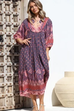 Boheme Midi Dress - Piping Defined Bust Slimline Smock Dress In Dancing Daisy Print><noscript><img width=