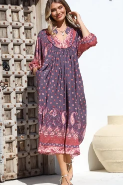 Boheme Midi Dress - Piping Defined Bust Slimline Smock Dress In Dancing Daisy Print><noscript><img width=