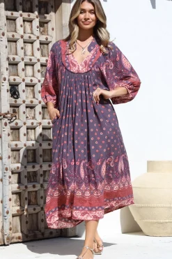 Boheme Midi Dress - Piping Defined Bust Slimline Smock Dress In Dancing Daisy Print><noscript><img width=