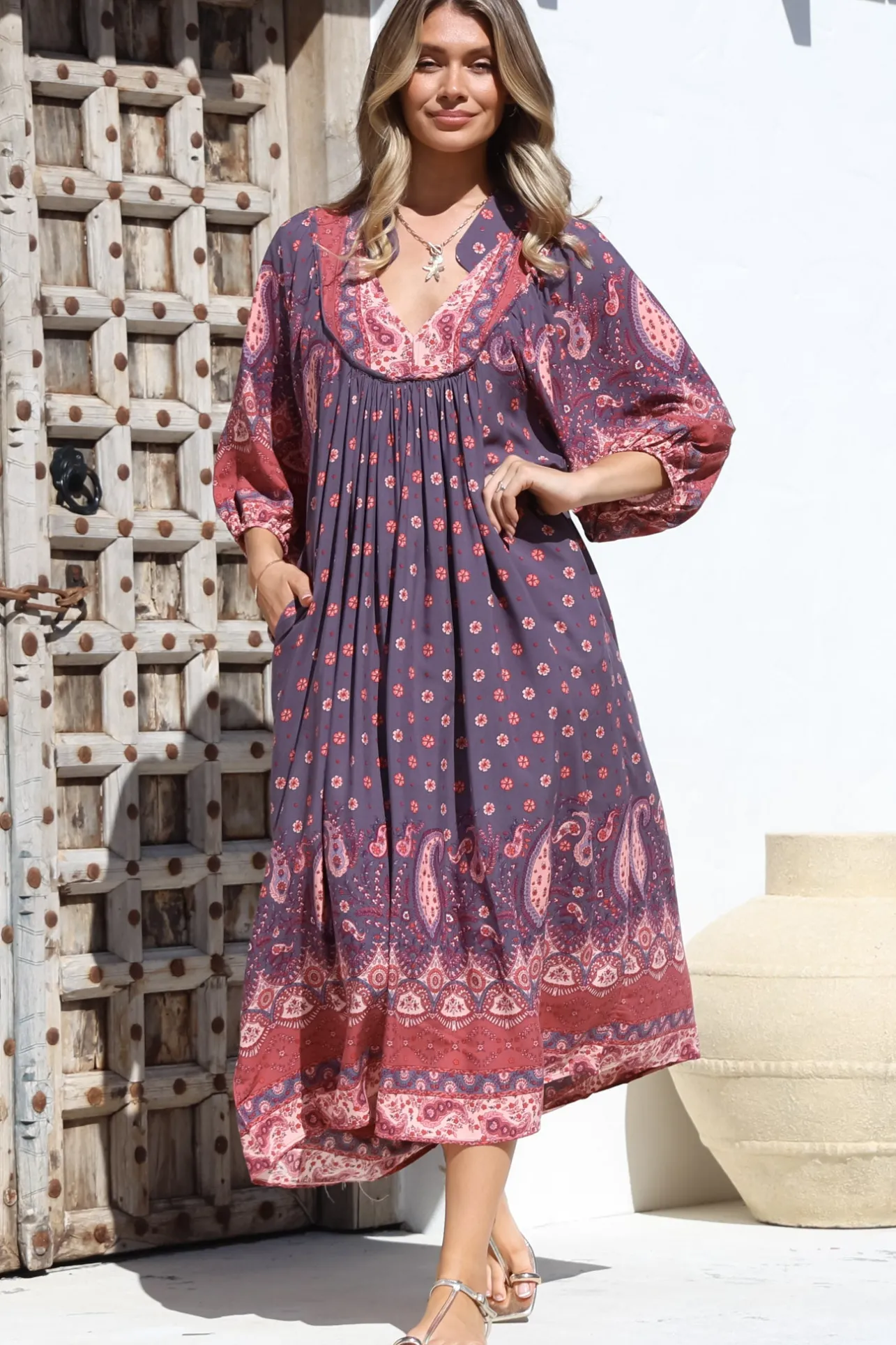 Boheme Midi Dress - Piping Defined Bust Slimline Smock Dress In Dancing Daisy Print>Jaase Discount