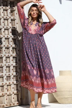Boheme Midi Dress - Piping Defined Bust Slimline Smock Dress In Dancing Daisy Print><noscript><img width=