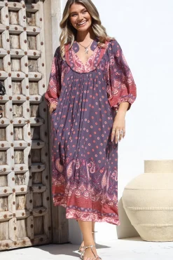 Boheme Midi Dress - Piping Defined Bust Slimline Smock Dress In Dancing Daisy Print><noscript><img width=