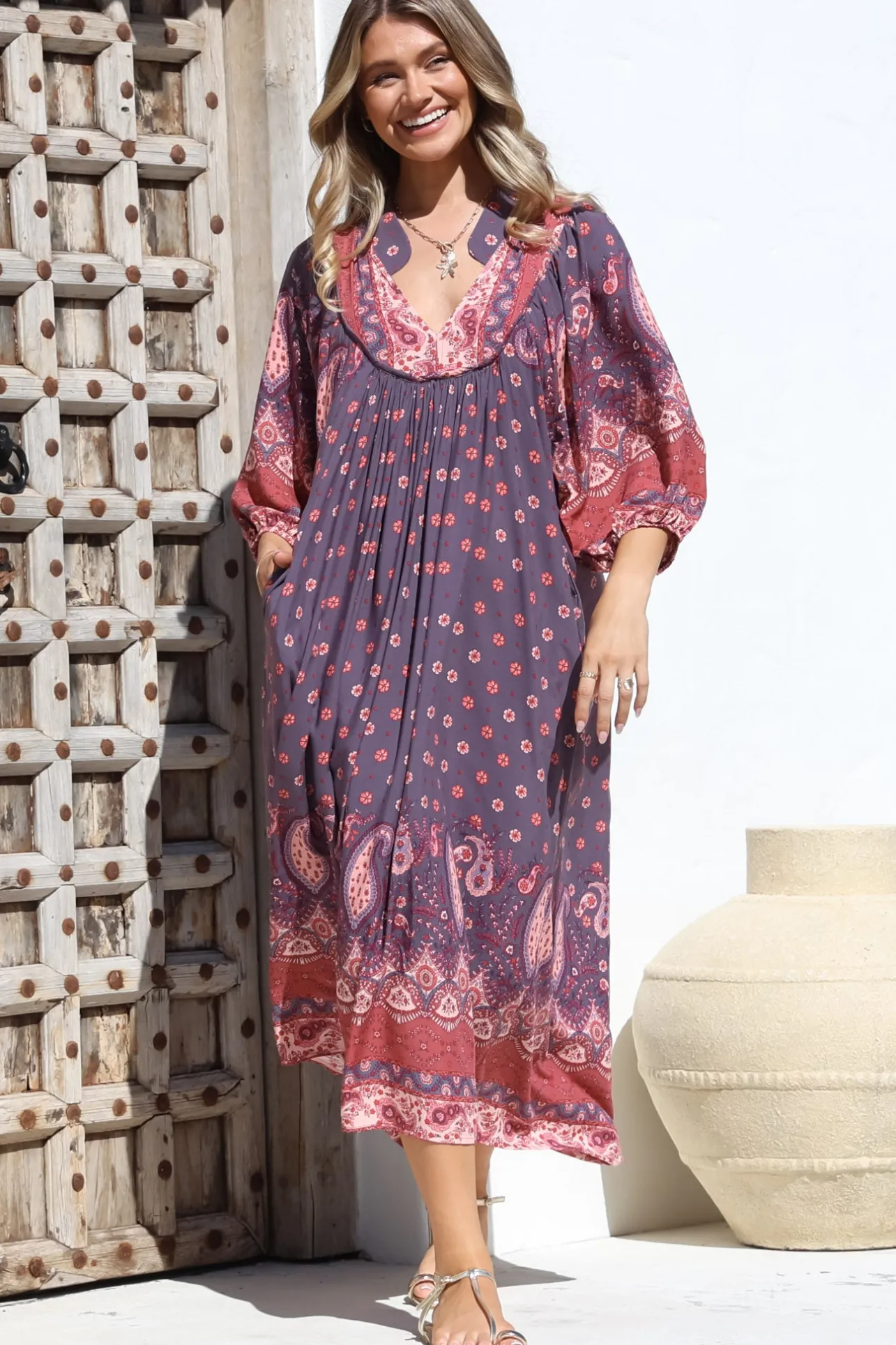 Boheme Midi Dress - Piping Defined Bust Slimline Smock Dress In Dancing Daisy Print>Jaase Discount