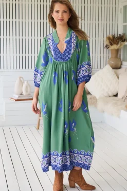 Boheme Midi Dress - Piping Defined Bust 3/4 Sleeve Smock Dress in Bluebird Print>Jaase Discount
