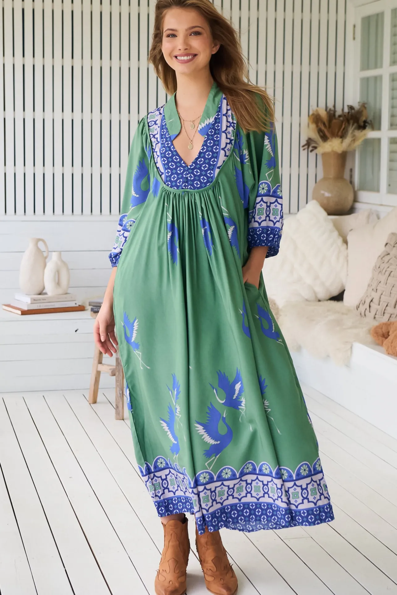 Boheme Midi Dress - Piping Defined Bust 3/4 Sleeve Smock Dress in Bluebird Print>Jaase Discount