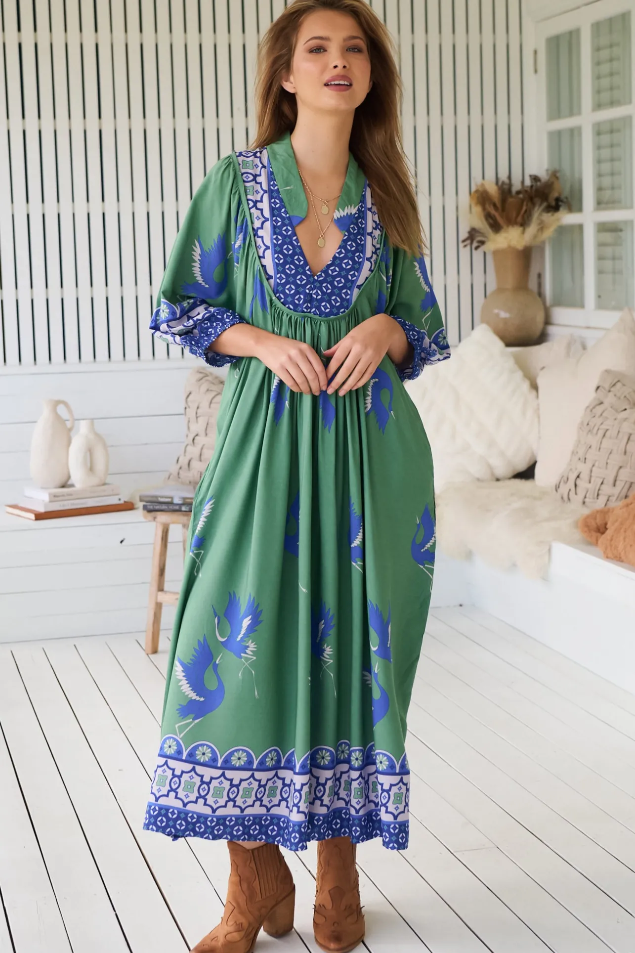 Boheme Midi Dress - Piping Defined Bust 3/4 Sleeve Smock Dress in Bluebird Print>Jaase Discount