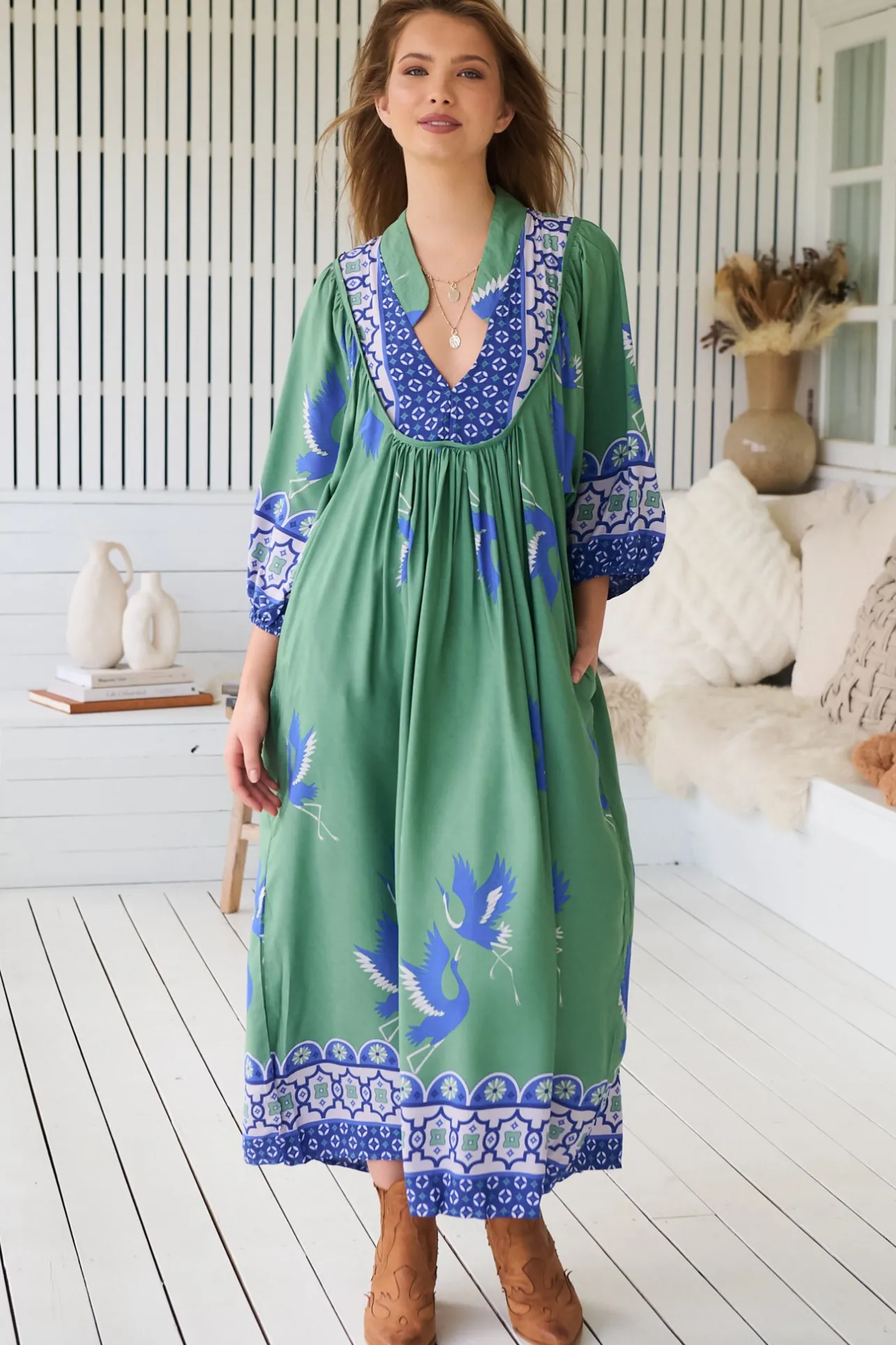 Boheme Midi Dress - Piping Defined Bust 3/4 Sleeve Smock Dress in Bluebird Print>Jaase Discount
