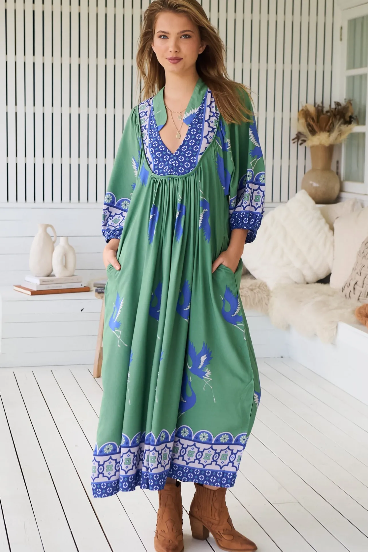 Boheme Midi Dress - Piping Defined Bust 3/4 Sleeve Smock Dress in Bluebird Print>Jaase Discount