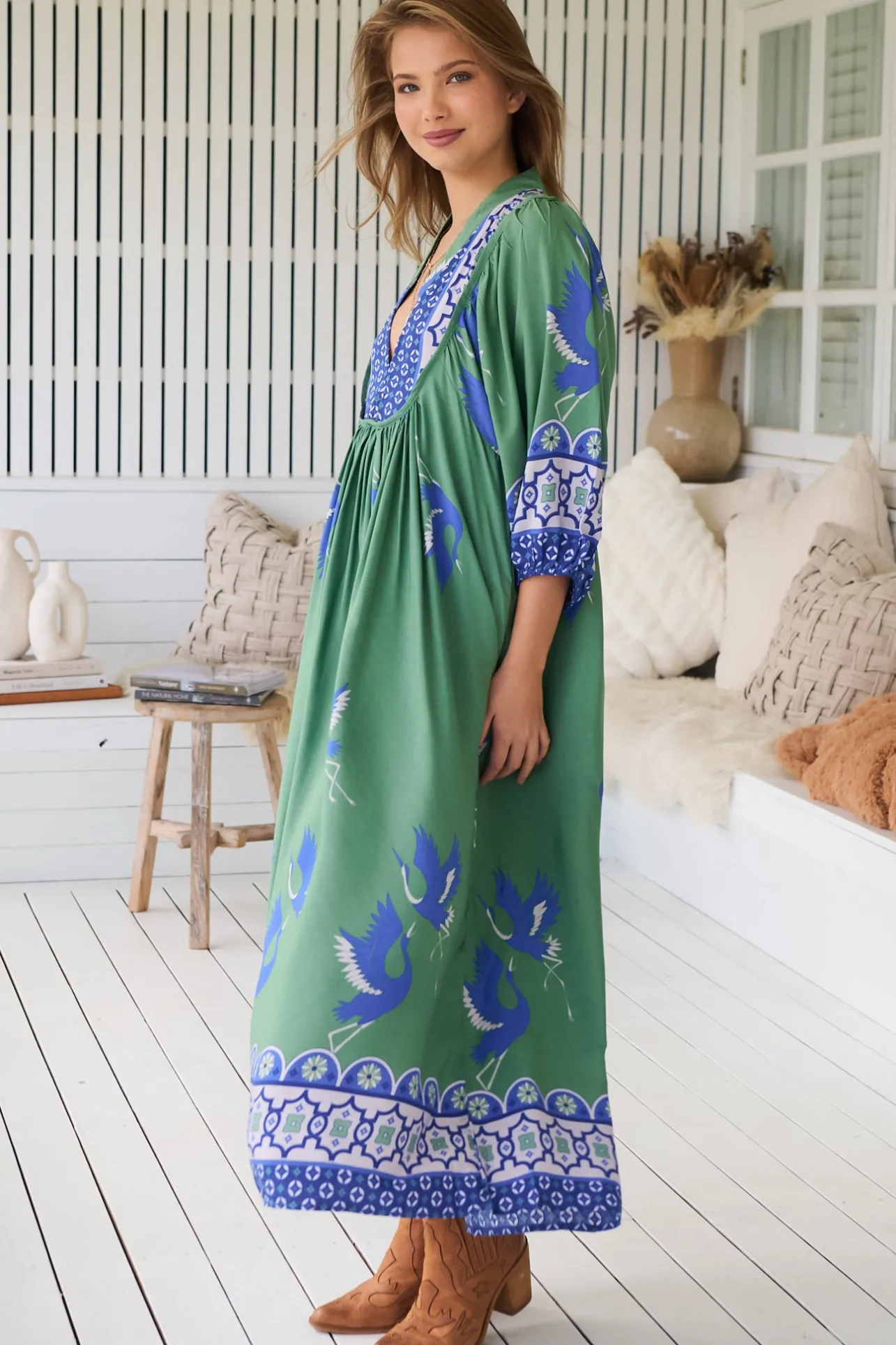 Boheme Midi Dress - Piping Defined Bust 3/4 Sleeve Smock Dress in Bluebird Print>Jaase Discount