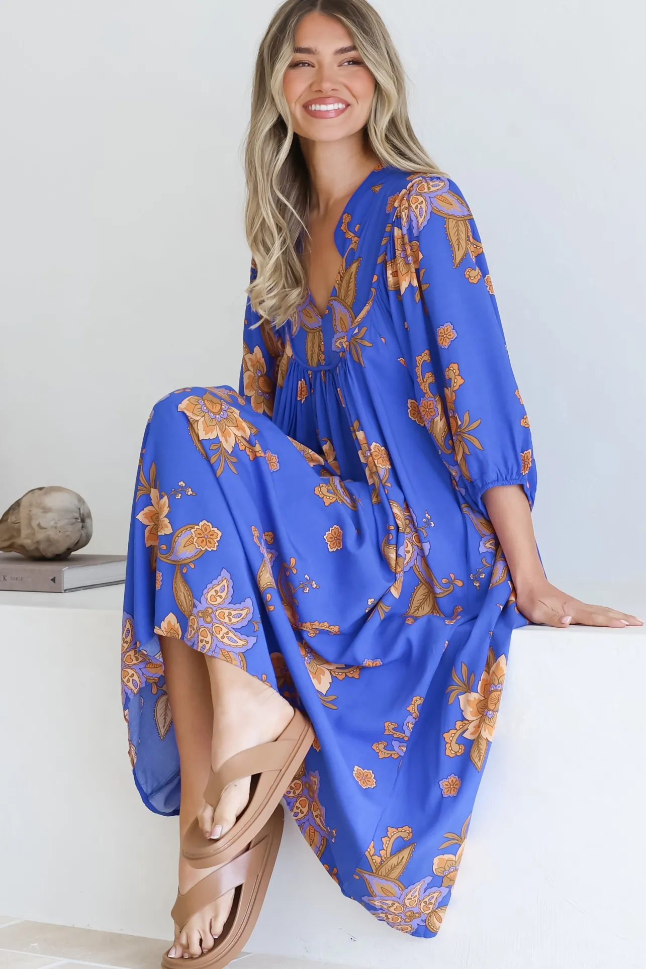 Boheme Midi Dress - Piping Defined Bust Slimline Smock Dress In Maribella Print>Jaase Outlet
