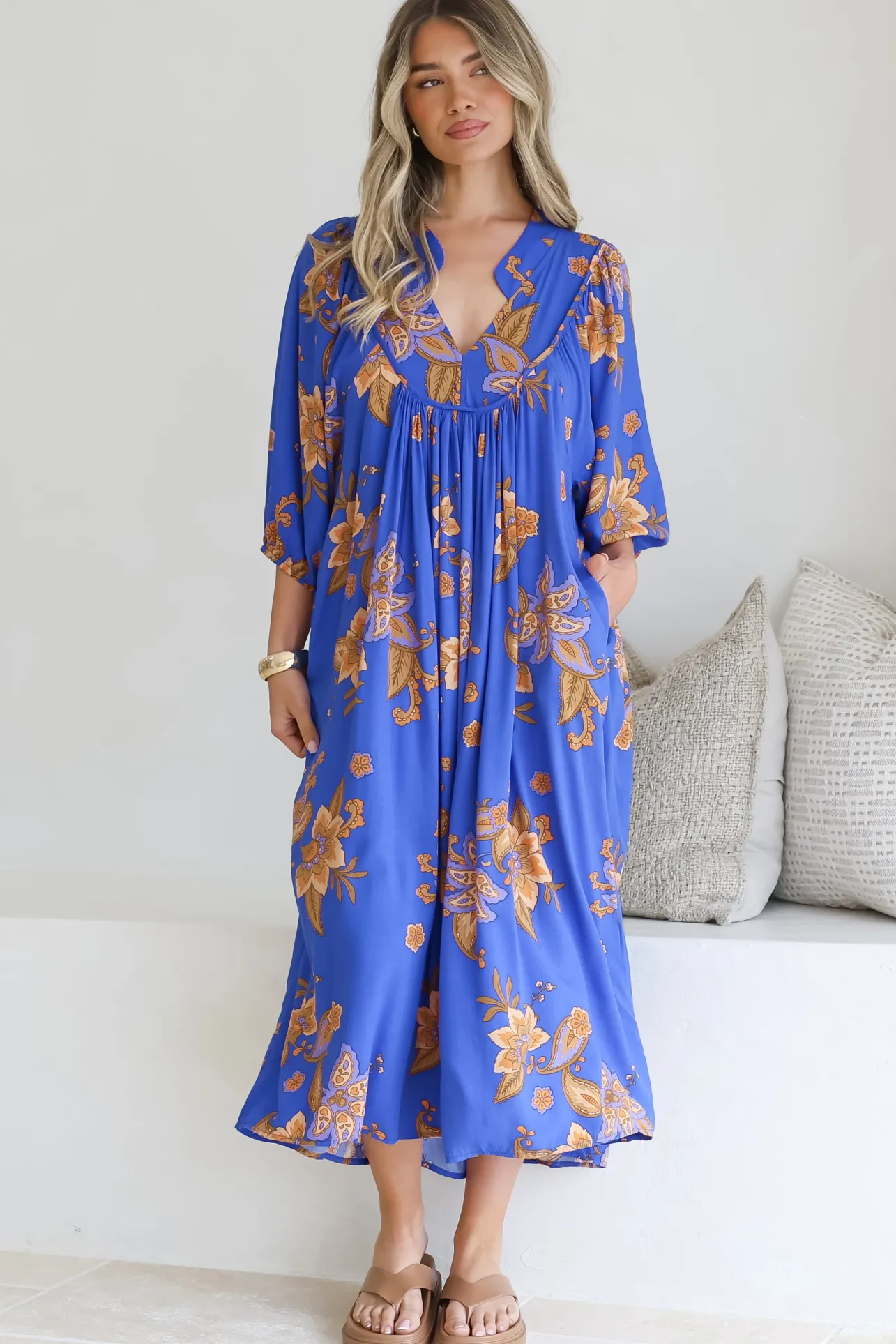 Boheme Midi Dress - Piping Defined Bust Slimline Smock Dress In Maribella Print>Jaase Outlet