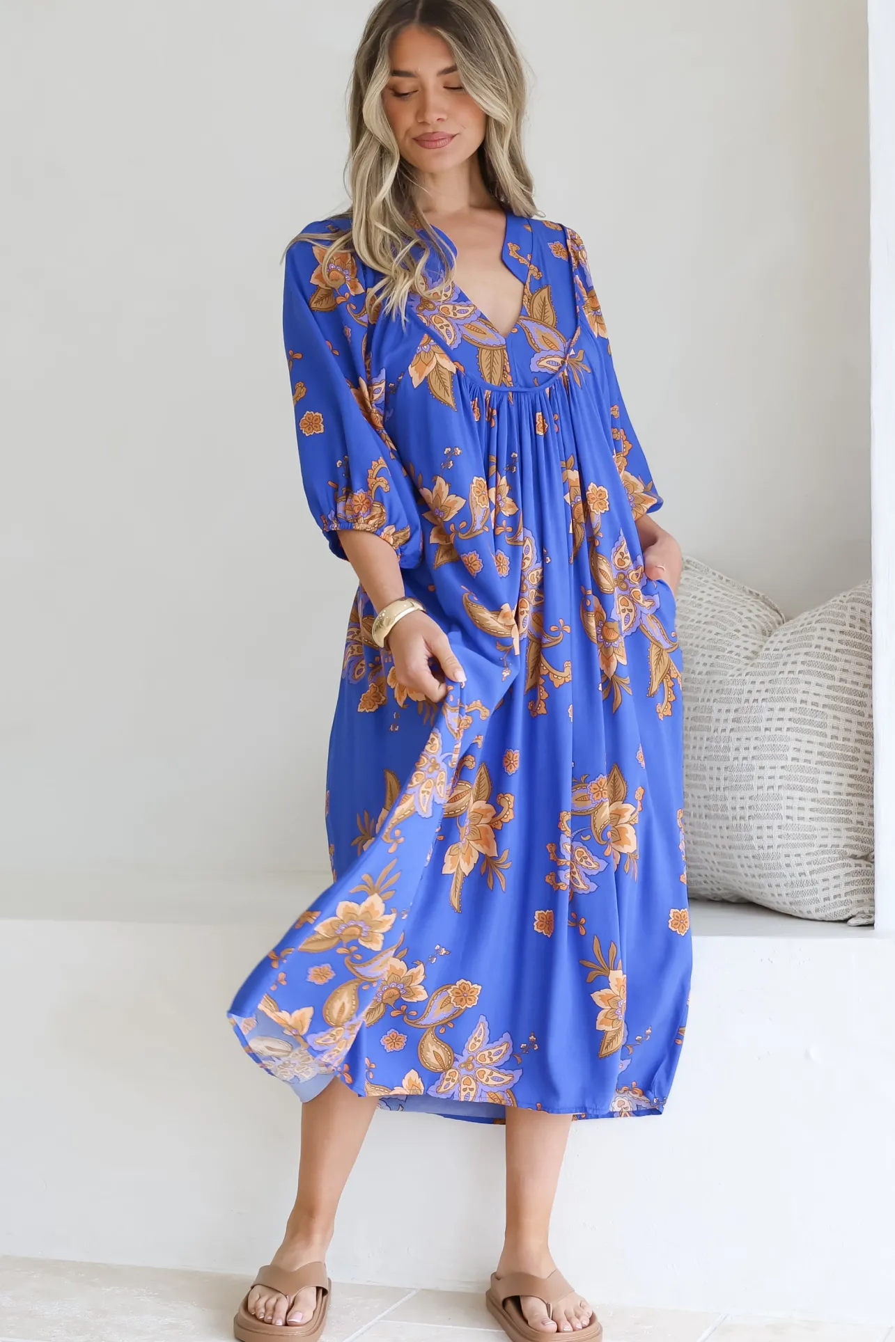 Boheme Midi Dress - Piping Defined Bust Slimline Smock Dress In Maribella Print>Jaase Outlet