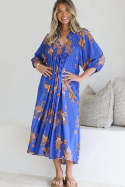 Boheme Midi Dress - Piping Defined Bust Slimline Smock Dress In Maribella Print><noscript><img width=