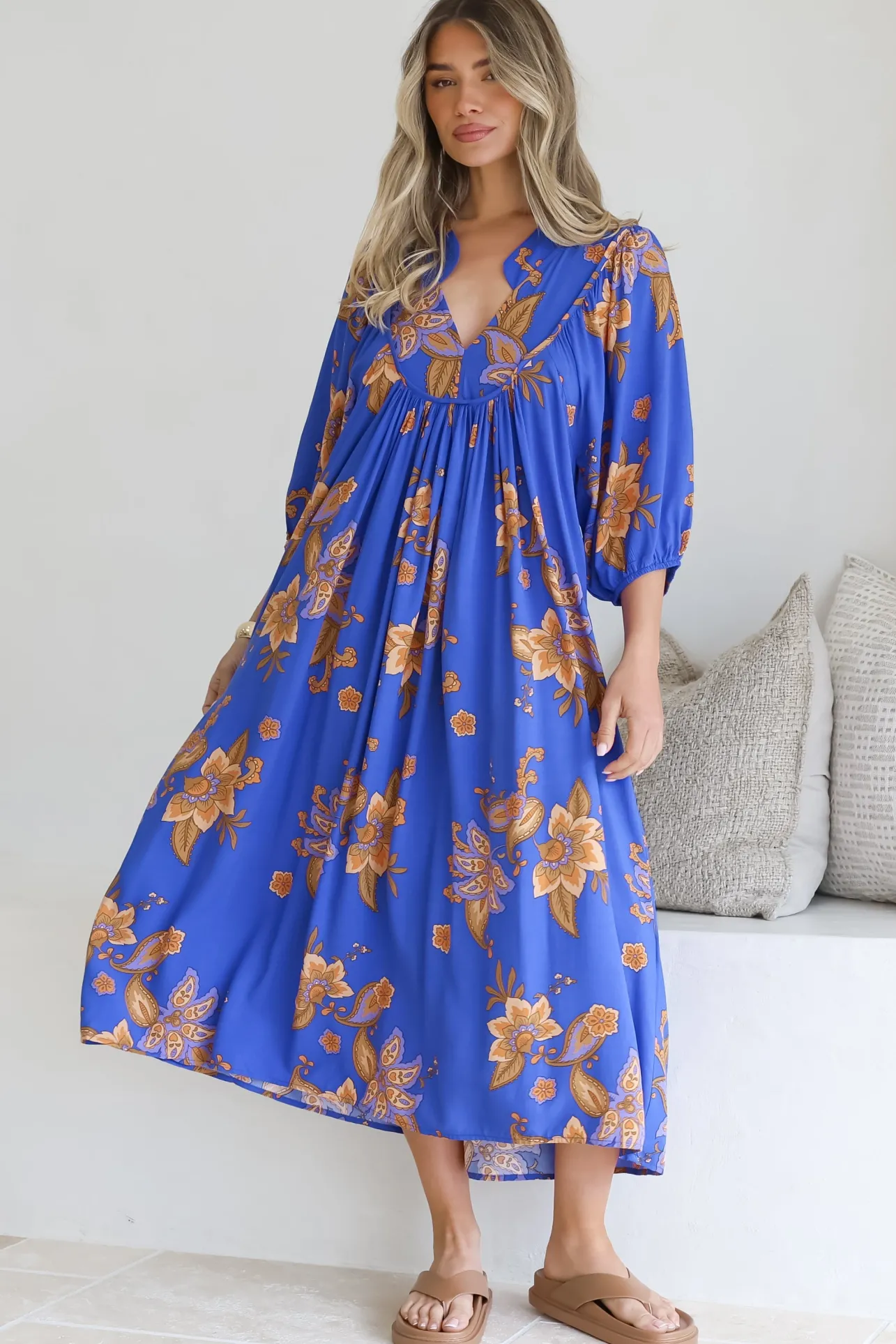 Boheme Midi Dress - Piping Defined Bust Slimline Smock Dress In Maribella Print>Jaase Outlet