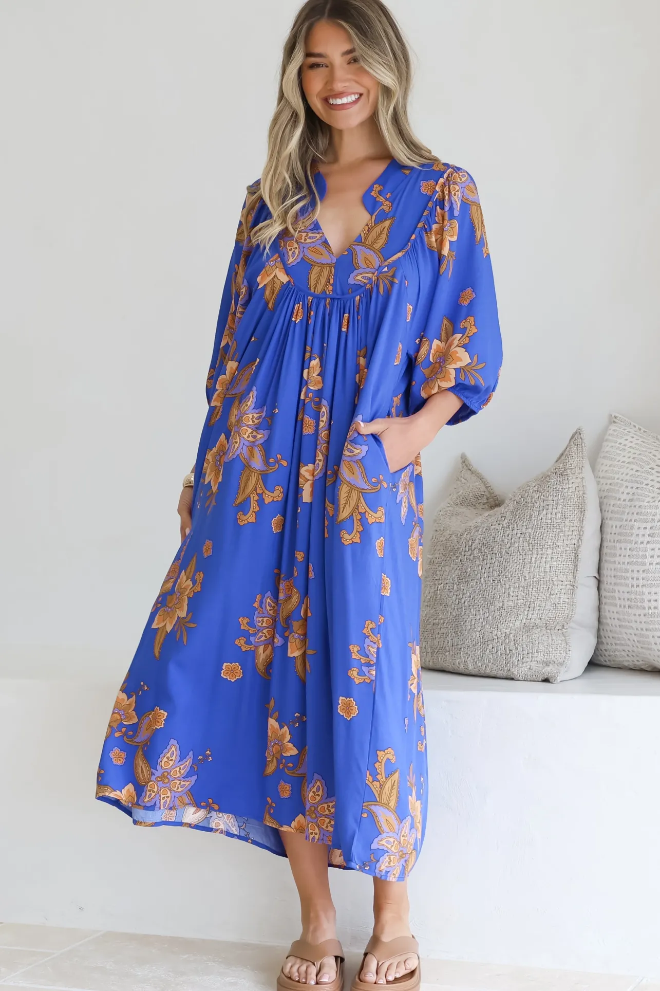 Boheme Midi Dress - Piping Defined Bust Slimline Smock Dress In Maribella Print>Jaase Outlet