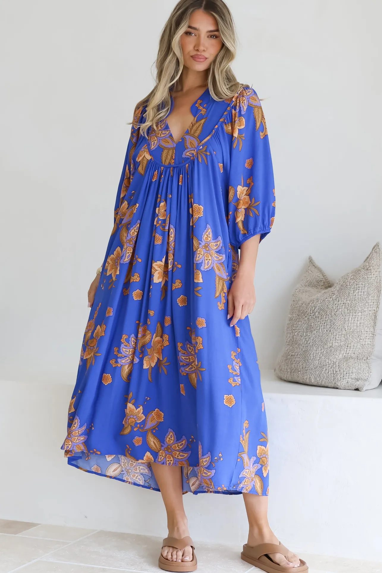 Boheme Midi Dress - Piping Defined Bust Slimline Smock Dress In Maribella Print>Jaase Outlet