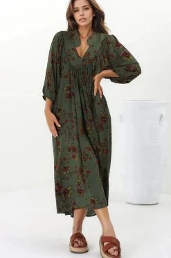 Boheme Midi Dress - Piping Defined Bust Slimline Smock Dress In Esme Print>Jaase Online