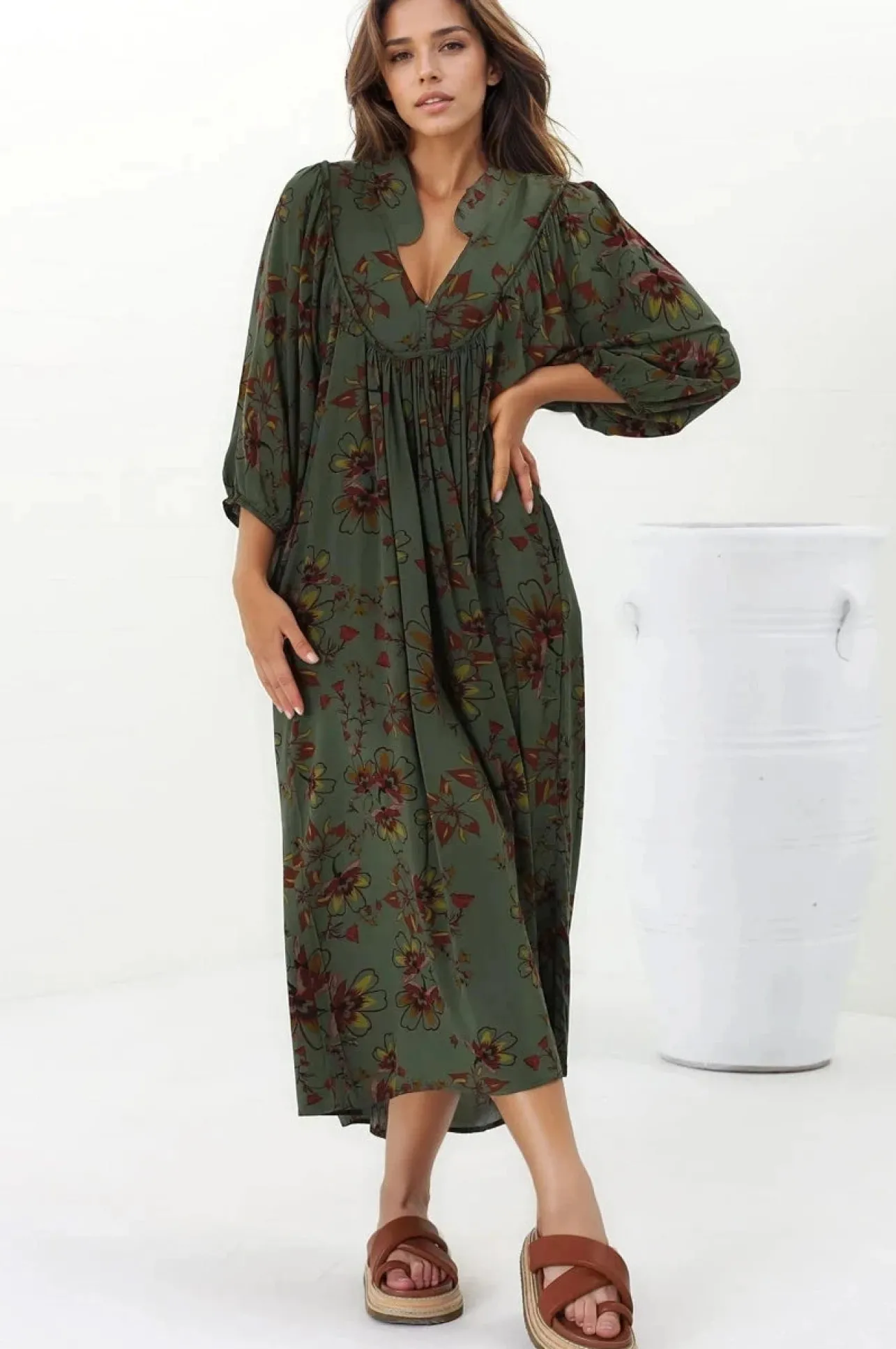 Boheme Midi Dress - Piping Defined Bust Slimline Smock Dress In Esme Print>Jaase Online