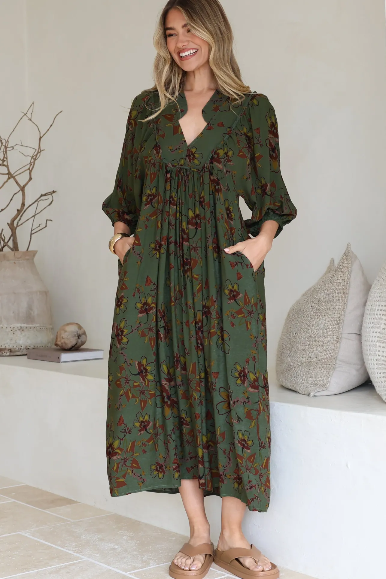 Boheme Midi Dress - Piping Defined Bust Slimline Smock Dress In Esme Print>Jaase Online
