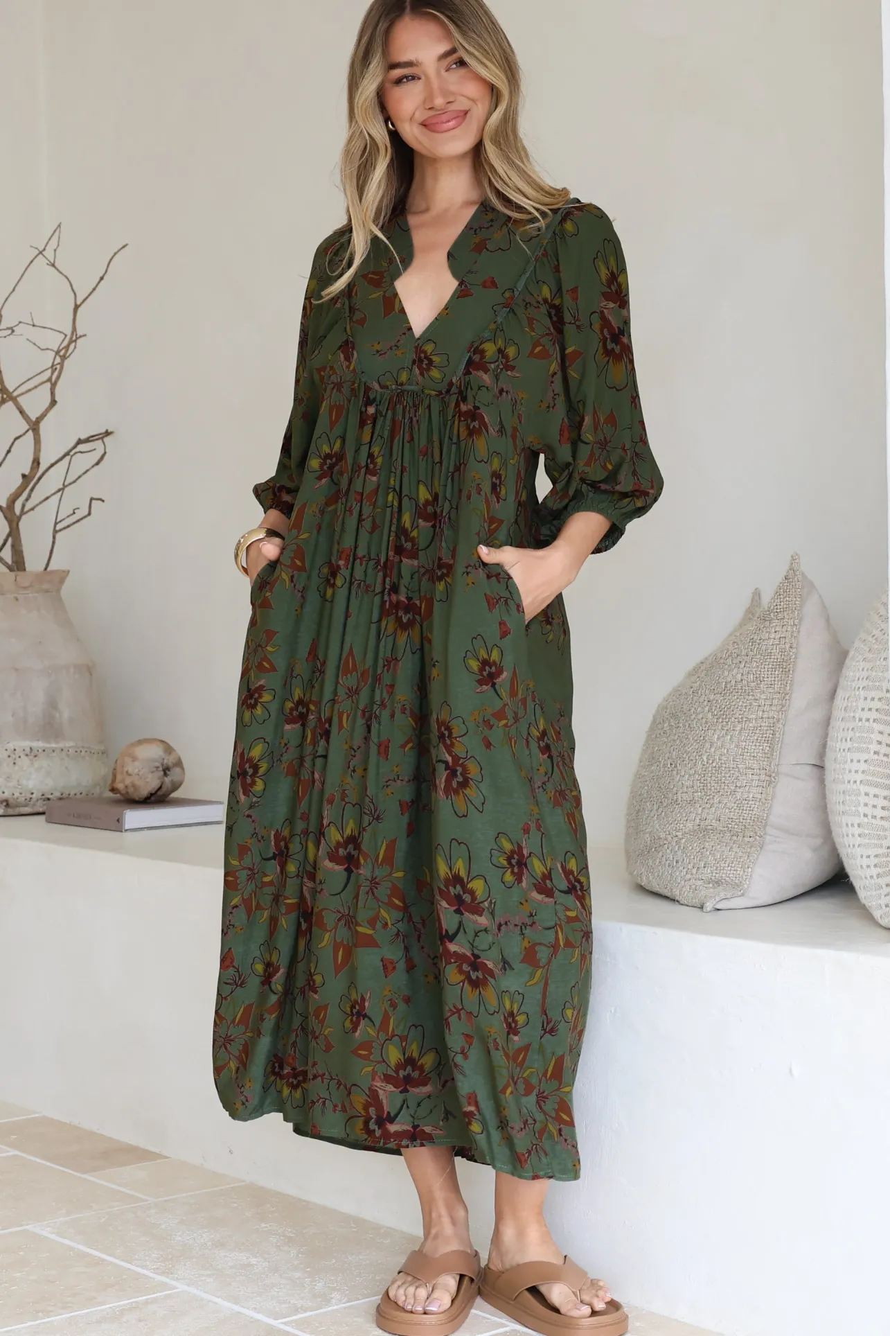 Boheme Midi Dress - Piping Defined Bust Slimline Smock Dress In Esme Print>Jaase Online
