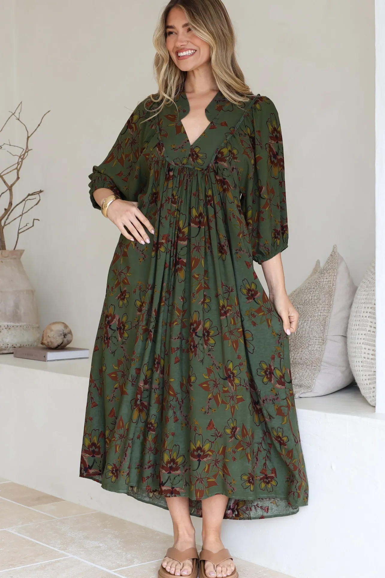Boheme Midi Dress - Piping Defined Bust Slimline Smock Dress In Esme Print>Jaase Online
