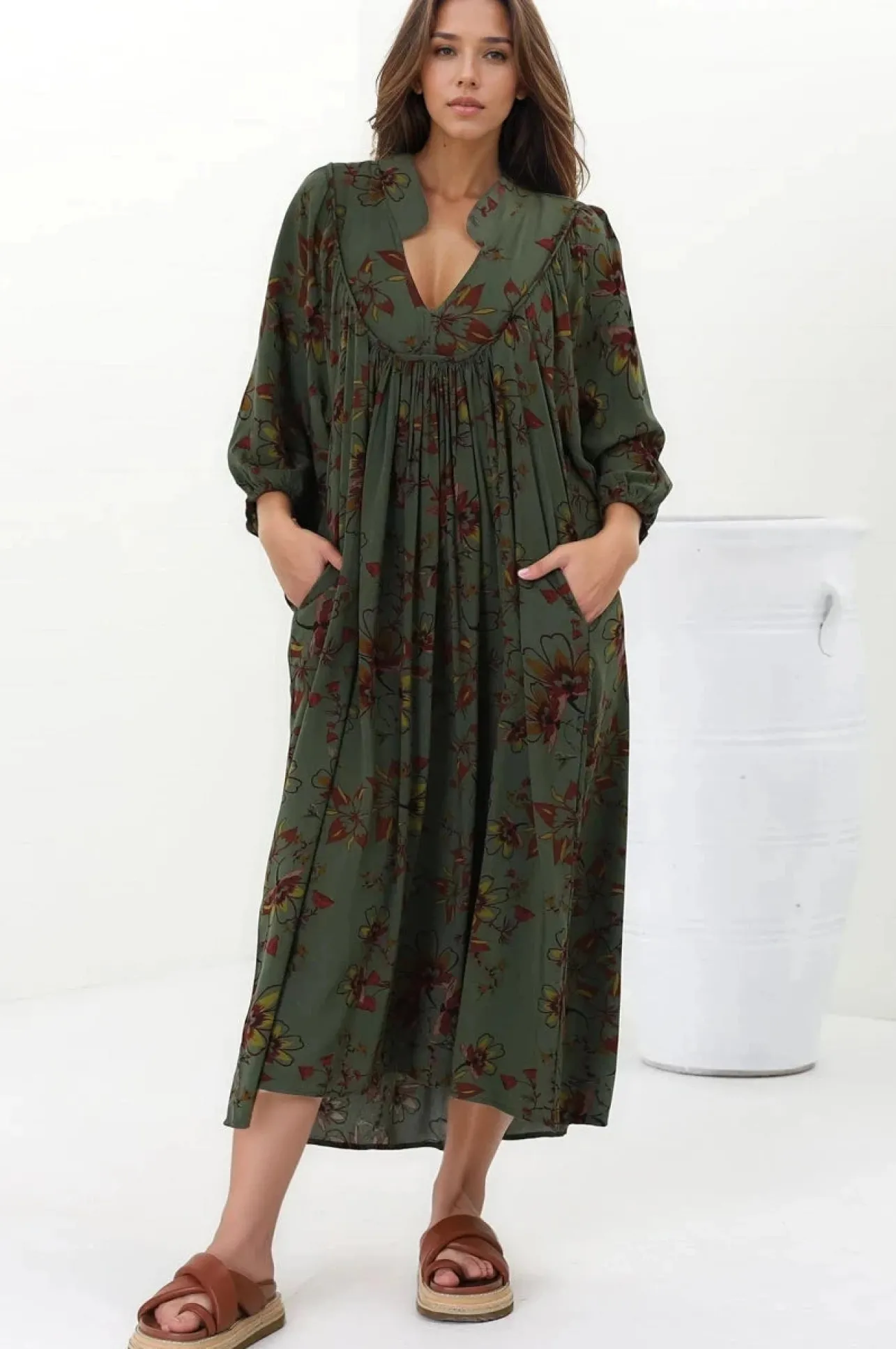 Boheme Midi Dress - Piping Defined Bust Slimline Smock Dress In Esme Print>Jaase Online