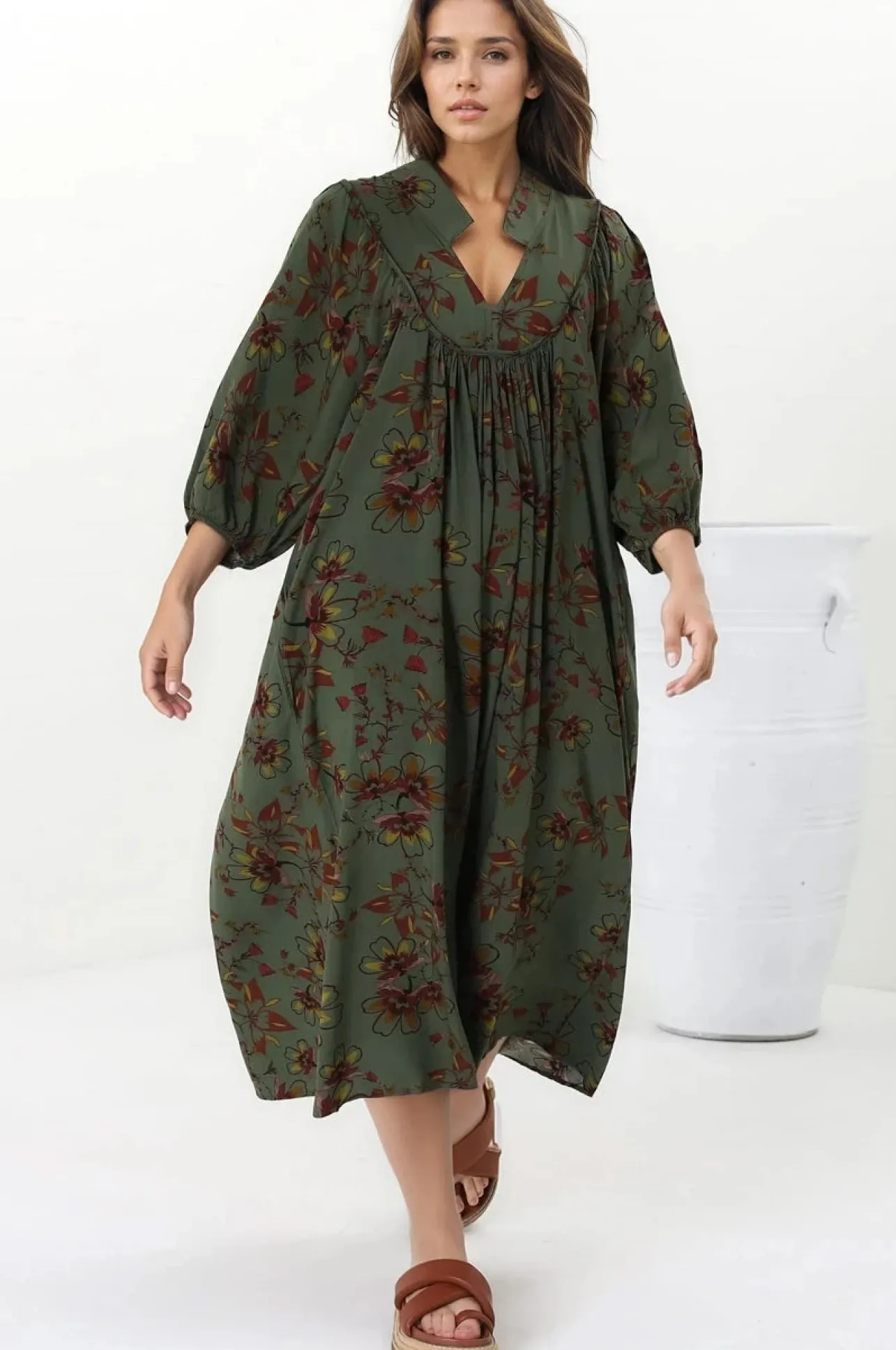 Boheme Midi Dress - Piping Defined Bust Slimline Smock Dress In Esme Print>Jaase Online