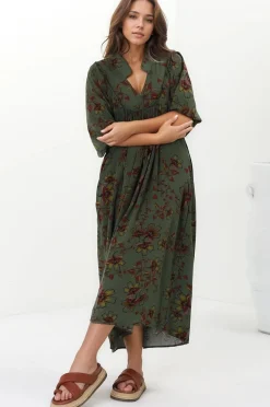 Boheme Midi Dress - Piping Defined Bust Slimline Smock Dress In Esme Print><noscript><img width=