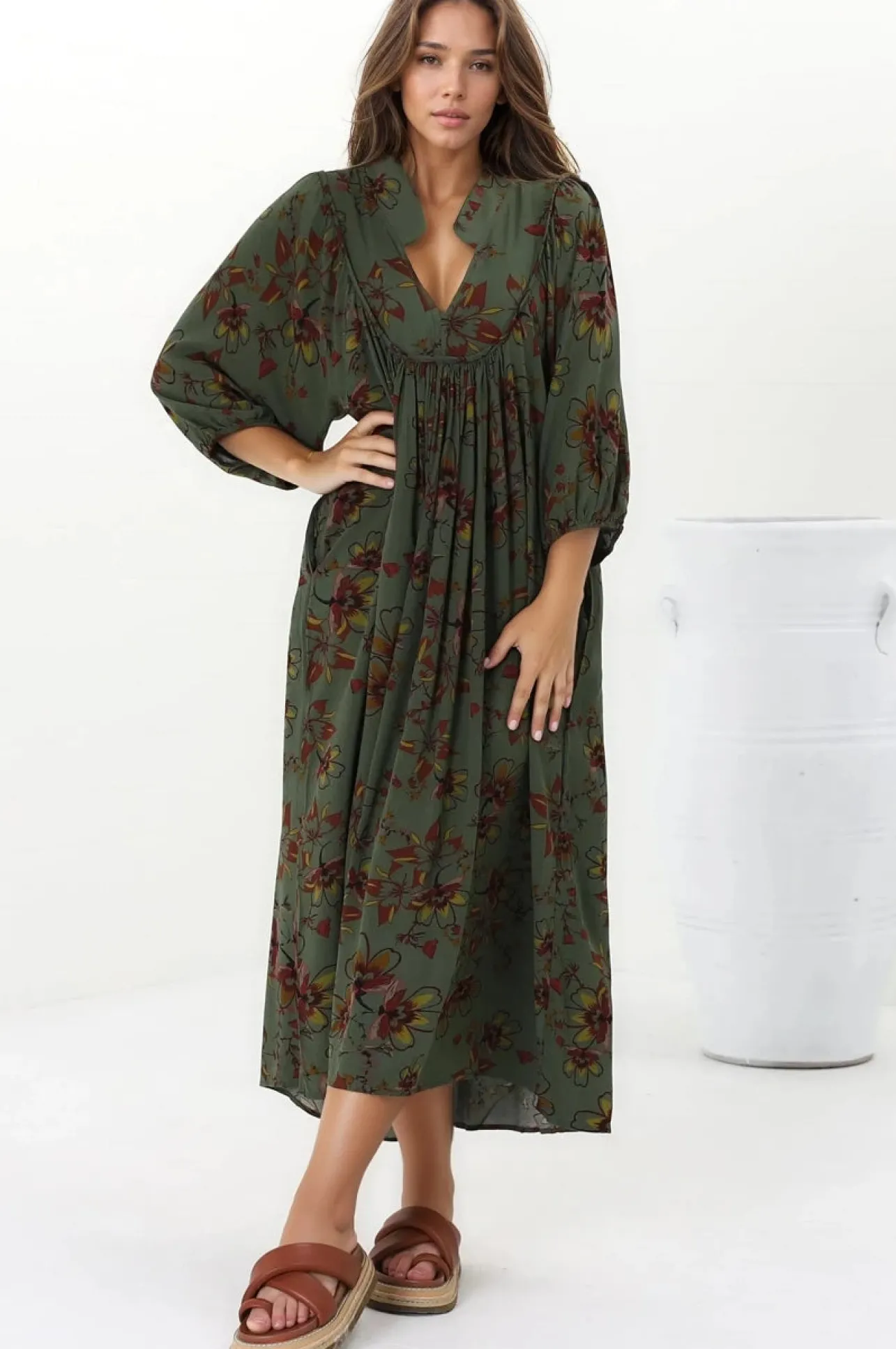 Boheme Midi Dress - Piping Defined Bust Slimline Smock Dress In Esme Print>Jaase Online