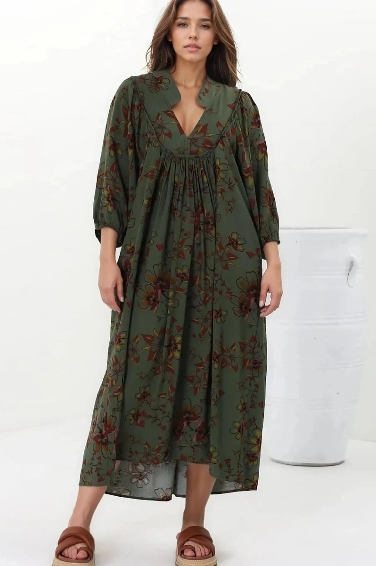 Boheme Midi Dress - Piping Defined Bust Slimline Smock Dress In Esme Print>Jaase Online