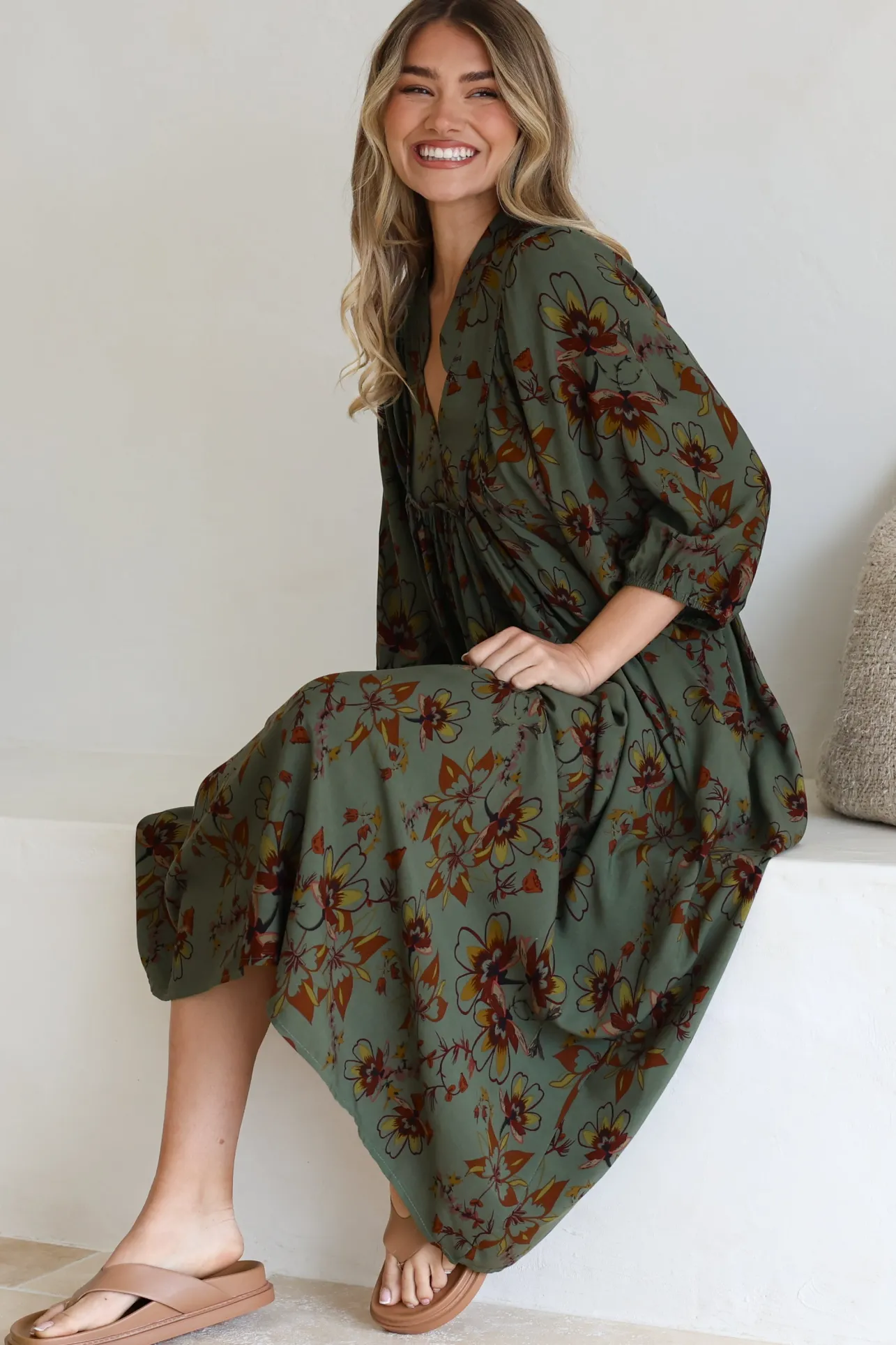 Boheme Midi Dress - Piping Defined Bust Slimline Smock Dress In Esme Print>Jaase Online