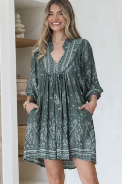 Boheme Mini Dress - Mandarin Collar Slimline Smock Dress in Constance Print>Jaase Discount