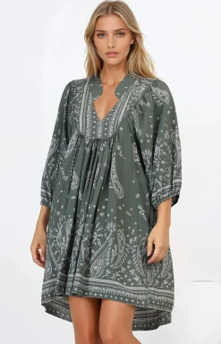 Boheme Mini Dress - Mandarin Collar Slimline Smock Dress in Constance Print><noscript><img width=