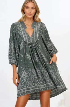 Boheme Mini Dress - Mandarin Collar Slimline Smock Dress in Constance Print><noscript><img width=