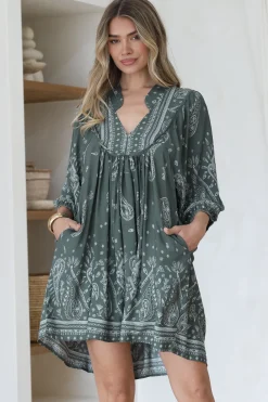 Boheme Mini Dress - Mandarin Collar Slimline Smock Dress in Constance Print><noscript><img width=