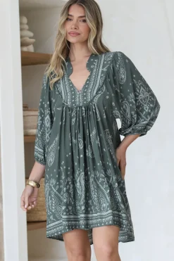 Boheme Mini Dress - Mandarin Collar Slimline Smock Dress in Constance Print><noscript><img width=