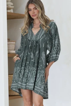 Boheme Mini Dress - Mandarin Collar Slimline Smock Dress in Constance Print><noscript><img width=