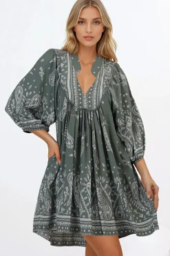 Boheme Mini Dress - Mandarin Collar Slimline Smock Dress in Constance Print><noscript><img width=
