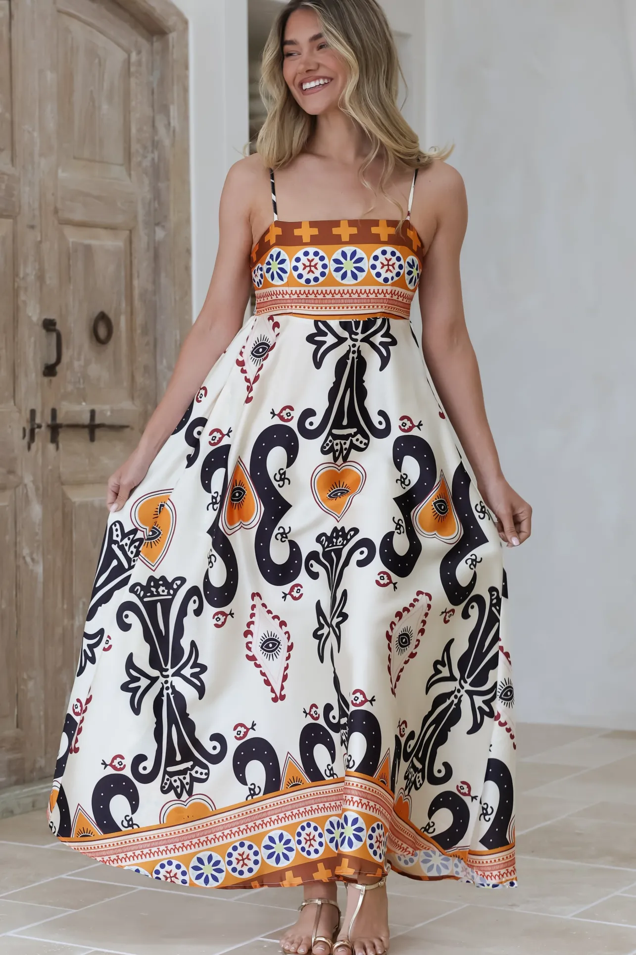 Bonita Maxi Dress - Spaghetti Strap Sun Dress in Belrae Print>Salty Crush Sale